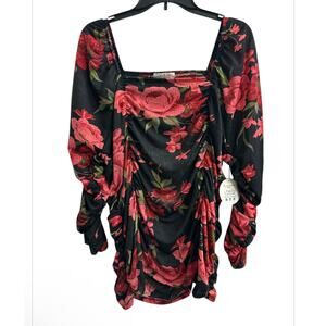 Jolie and Joy Square Neck Black Red Rose Cinched Top Women’s Plus Size 3X NWT